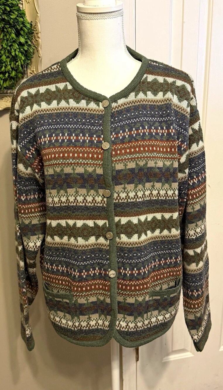 Tally Ho Fair Isle Knit Button Front V-Neck Cardigan Sweater XL Pockets